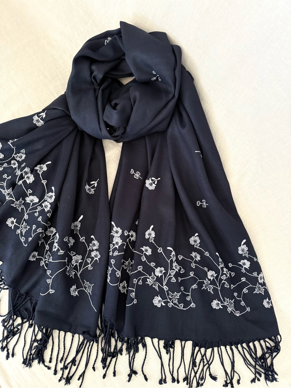 LOFT Black Embroidered Fringe Scarf Floral Boho Wrap